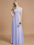 A-Line/Princess V-neck Sleeveless Ruched Floor-Length Chiffon Bridesmaid Dresses TPP0005343