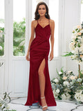 Sheath/Column Elastic Woven Satin Ruched Spaghetti Straps Sleeveless Sweep/Brush Train Bridesmaid Dresses TPP0004935