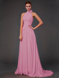 A-Line/Princess Halter Sleeveless Hand-Made Flower Long Chiffon Bridesmaid Dresses TPP0004909