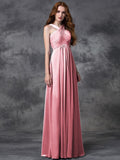 A-line/Princess Straps Ruched Sleeveless Long Chiffon Bridesmaid Dresses TPP0005379