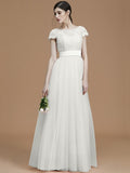 A-Line/Princess Bateau Short Sleeves Floor-Length Sash/Ribbon/Belt Tulle Bridesmaid Dresses TPP0005494