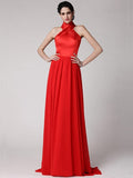 Sheath/Column Halter Sleeveless Pleats Long Elastic Woven Satin Chiffon Bridesmaid Dresses TPP0005653