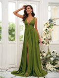 A-Line/Princess Jersey Ruffles V-neck Sleeveless Sweep/Brush Train Bridesmaid Dresses TPP0004896