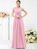 A-Line/Princess Bateau Pleats Sleeveless Long Chiffon Bridesmaid Dresses TPP0005212