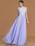 A-Line/Princess Halter Sleeveless Floor-Length Lace Chiffon Bridesmaid Dresses TPP0005137