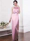 Sheath/Column Scoop Sleeveless Beading Bowknot Long Elastic Woven Satin Bridesmaid Dresses TPP0005506