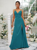 A-Line/Princess Silk like Satin Ruched V-neck Sleeveless Floor-Length Bridesmaid Dresses TPP0004934