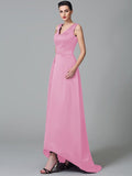 A-Line/Princess Straps Ruched Sleeveless High Low Satin Bridesmaid Dresses TPP0005525