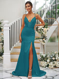 Sheath/Column Silk like Satin Ruched V-neck Sleeveless Sweep/Brush Train Bridesmaid Dresses TPP0004907