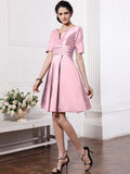 Sheath/Column V-neck Half Sleeves Pleats Taffeta Bridesmaid Dresses TPP0005658