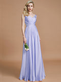 A-Line/Princess V-neck Sleeveless Ruched Floor-Length Silk like Satin Bridesmaid Dresses TPP0005430