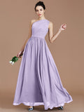 A-Line/Princess One-Shoulder Sleeveless Ruched Floor-Length Chiffon Bridesmaid Dresses TPP0005235