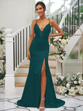 Sheath/Column Silk like Satin Ruched V-neck Sleeveless Sweep/Brush Train Bridesmaid Dresses TPP0004907