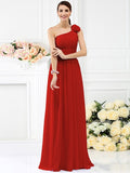 A-Line/Princess One-Shoulder Pleats Hand-Made Flower Sleeveless Long Chiffon Bridesmaid Dresses TPP0005131