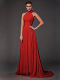 A-Line/Princess Halter Sleeveless Hand-Made Flower Long Chiffon Bridesmaid Dresses TPP0004909