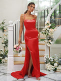 Sheath/Column Elastic Woven Satin Ruched Square Sleeveless Sweep/Brush Train Bridesmaid Dresses TPP0004933