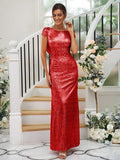 Sheath/Column Sequins Ruched Scoop Short Sleeves Floor-Length Bridesmaid Dresses TPP0004938