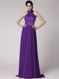 Sheath/Column Halter Sleeveless Pleats Long Elastic Woven Satin Chiffon Bridesmaid Dresses TPP0005653