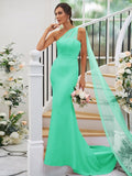 Sheath/Column Stretch Crepe Ruched One-Shoulder Sleeveless Sweep/Brush Train Bridesmaid Dresses TPP0004913