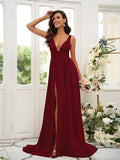 A-Line/Princess Jersey Ruffles V-neck Sleeveless Sweep/Brush Train Bridesmaid Dresses TPP0004896