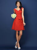 A-Line/Princess V-neck Pleats Bowknot Sleeveless Short Chiffon Bridesmaid Dresses TPP0005372