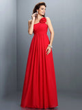 A-Line/Princess One-Shoulder Hand-Made Flower Pleats Sleeveless Long Chiffon Bridesmaid Dresses TPP0005399