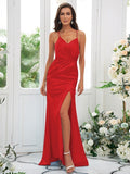 Sheath/Column Elastic Woven Satin Ruched Spaghetti Straps Sleeveless Sweep/Brush Train Bridesmaid Dresses TPP0004935