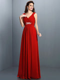 A-Line/Princess V-neck Beading Pleats Sleeveless Long Chiffon Bridesmaid Dresses TPP0005270