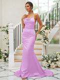 Sheath/Column Charmeuse Ruched Square Sleeveless Sweep/Brush Train Bridesmaid Dresses TPP0004912