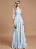 A-Line/Princess V-neck Sleeveless Ruched Floor-Length Silk like Satin Bridesmaid Dresses TPP0005430