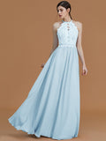 A-Line/Princess Halter Sleeveless Floor-Length Lace Chiffon Bridesmaid Dresses TPP0005137