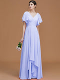 A-Line/Princess V-neck Short Sleeves Floor-Length Ruched Chiffon Bridesmaid Dresses TPP0005041