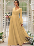 A-Line/Princess Chiffon Ruched V-neck Long Sleeves Floor-Length Bridesmaid Dresses TPP0004950