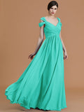 A-Line/Princess Off-the-Shoulder Sleeveless Floor-Length Ruched Chiffon Bridesmaid Dresses TPP0005358