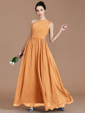 A-Line/Princess One-Shoulder Sleeveless Ruched Floor-Length Chiffon Bridesmaid Dresses TPP0005235