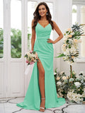 Sheath/Column Stretch Crepe Ruched V-neck Sleeveless Sweep/Brush Train Bridesmaid Dresses TPP0004893