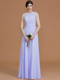 A-Line/Princess Jewel Sleeveless Floor-Length Ruched Chiffon Bridesmaid Dresses TPP0005645