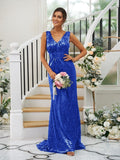 Sheath/Column Sequins Ruched V-neck Sleeveless Sweep/Brush Train Bridesmaid Dresses TPP0004958