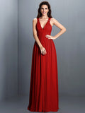 A-Line/Princess V-neck Pleats Sleeveless Long Chiffon Bridesmaid Dresses TPP0003797