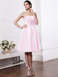 A-Line/Princess Strapless Sleeveless Pleats Hand-Made Flower Short Elastic Woven Satin Bridesmaid Dresses TPP0005843