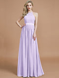 A-Line/Princess Halter Sleeveless Ruched Floor-Length Chiffon Bridesmaid Dresses TPP0005700