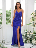 Sheath/Column Elastic Woven Satin Ruched Spaghetti Straps Sleeveless Sweep/Brush Train Bridesmaid Dresses TPP0004935