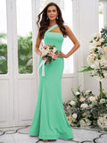 Sheath/Column Stretch Crepe Ruffles One-Shoulder Sleeveless Floor-Length Bridesmaid Dresses TPP0004901