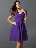 A-Line/Princess V-neck Hand-Made Flower Short Sleeves Short Chiffon Bridesmaid Dresses TPP0005481