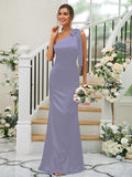 Sheath/Column Silk like Satin Bowknot One-Shoulder Sleeveless Floor-Length Bridesmaid Dresses TPP0004917