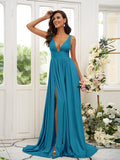 A-Line/Princess Jersey Ruffles V-neck Sleeveless Sweep/Brush Train Bridesmaid Dresses TPP0004896