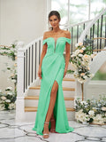 Sheath/Column Stretch Crepe Ruched Off-the-Shoulder Sleeveless Sweep/Brush Train Bridesmaid Dresses TPP0004926