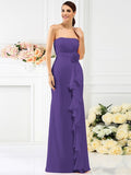 Sheath/Column Strapless Hand-Made Flower Sleeveless Long Chiffon Bridesmaid Dresses TPP0005538