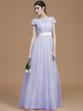 A-Line/Princess Bateau Short Sleeves Floor-Length Sash/Ribbon/Belt Tulle Bridesmaid Dresses TPP0005494