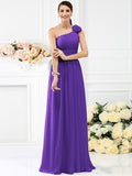 A-Line/Princess One-Shoulder Pleats Hand-Made Flower Sleeveless Long Chiffon Bridesmaid Dresses TPP0005131